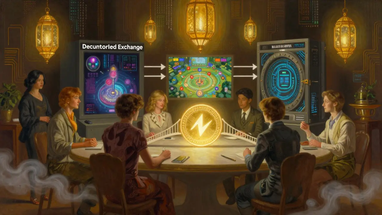 Пользователи вокруг стола, где токен MATIC превращается в мост между биржей, игрой и хранилищем данных.