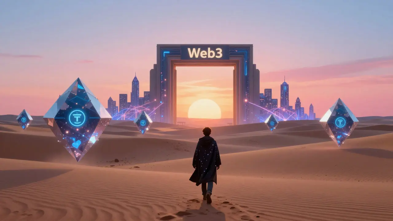 Путешественник идет по пустыне из блокчейн-узлов, вдалеке — врата Web3, открытые в город из токенов и данных.