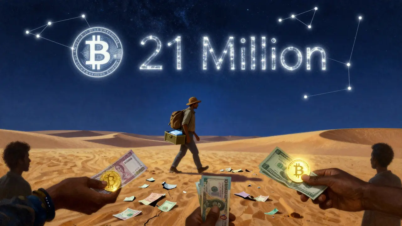 Путешественник пересекает пустыню из купюр под звездным небом с символами Биткоина.