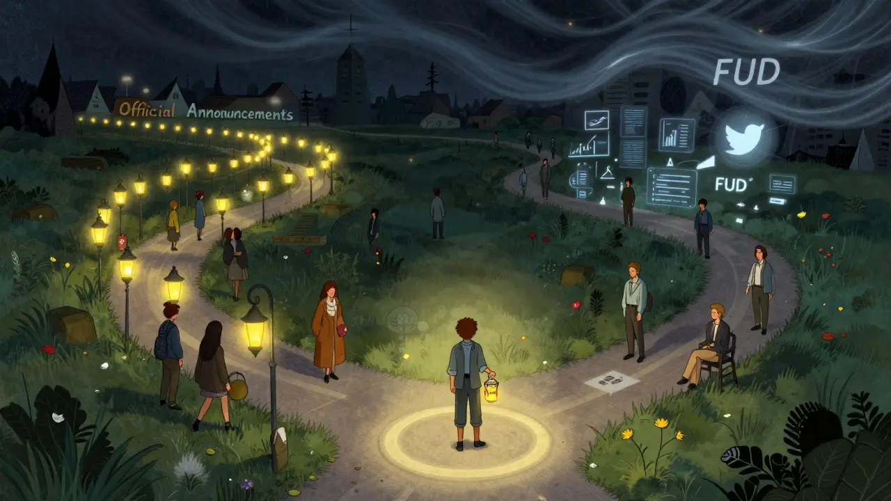 Путешественник стоит на перекрестке трех путей криптообучения, освещенный фонарем DYOR в стиле Максфилда Парриша.