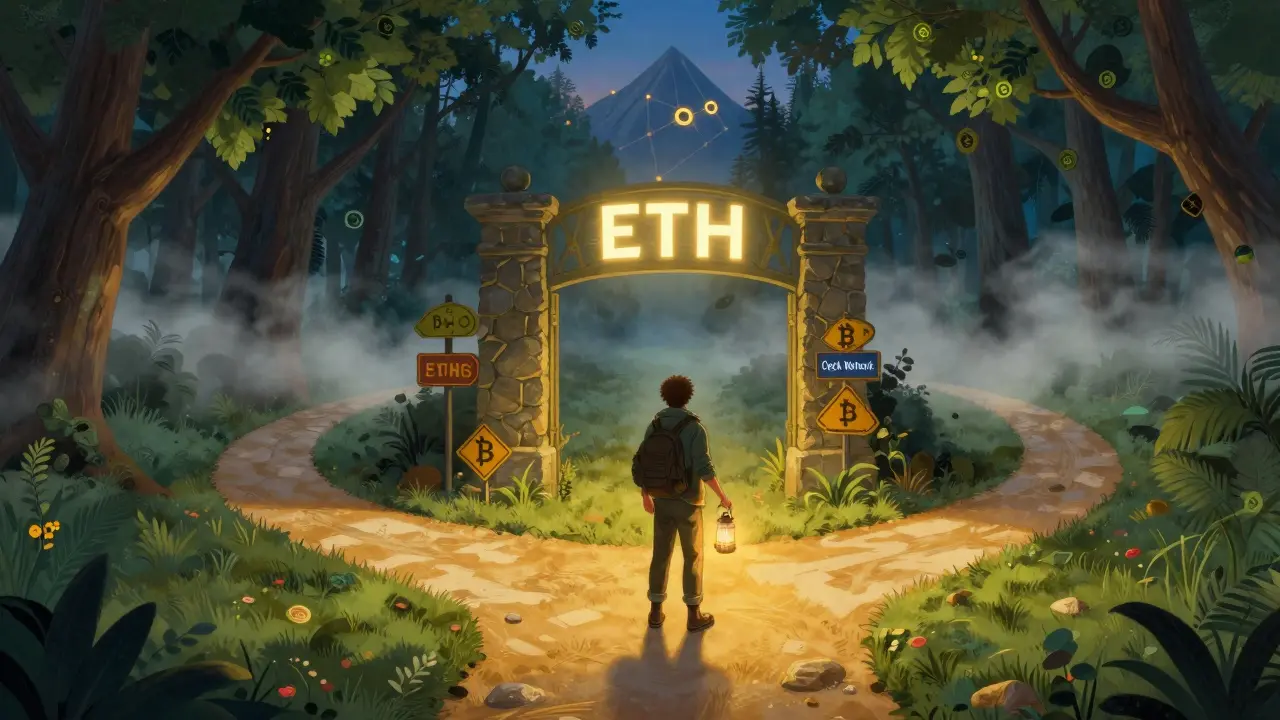 Путешественник у перекрестка, один путь ведет к ETH, другой — к поддельным символам, окружённый волшебным лесом и мягким светом заката.