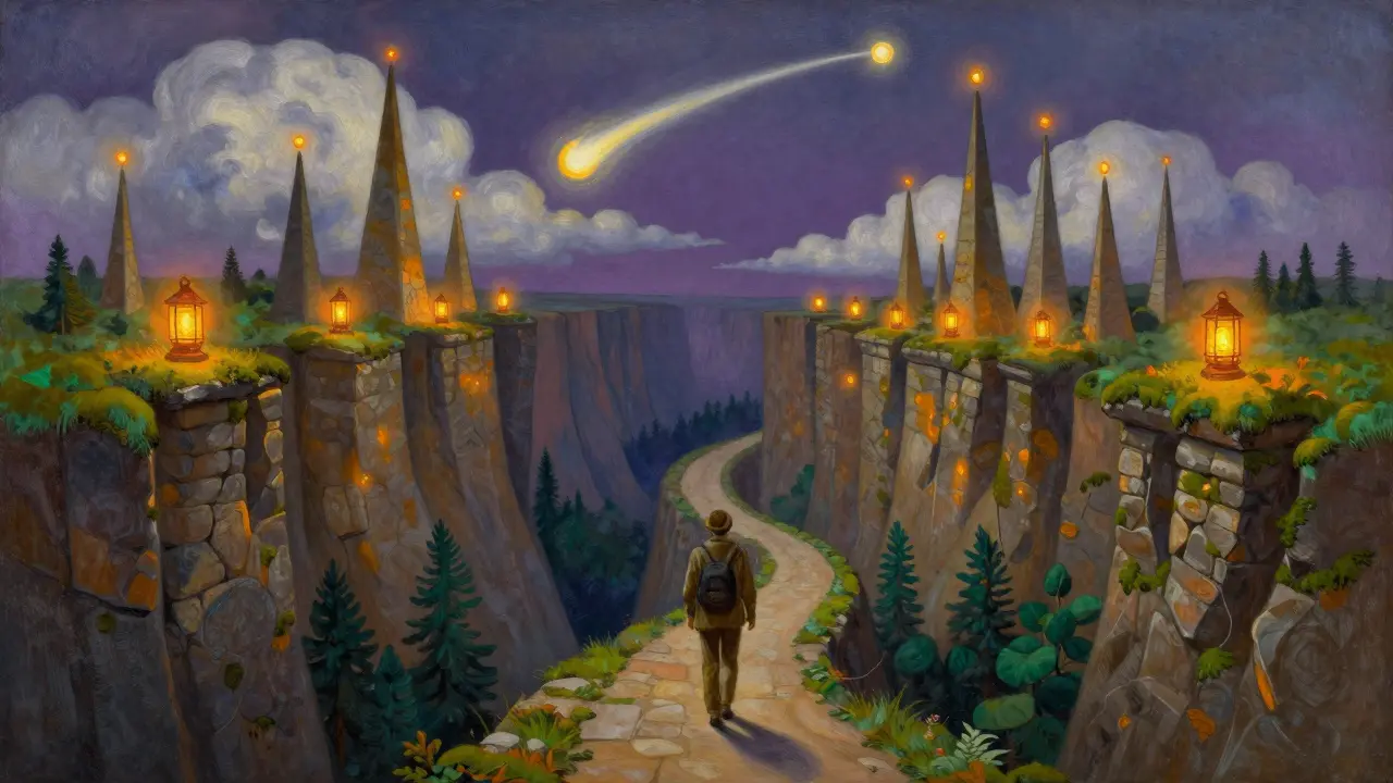 Путник идёт по финансовому пейзажу, где уровни — скалы и башни, а свечи в небе указывают путь.