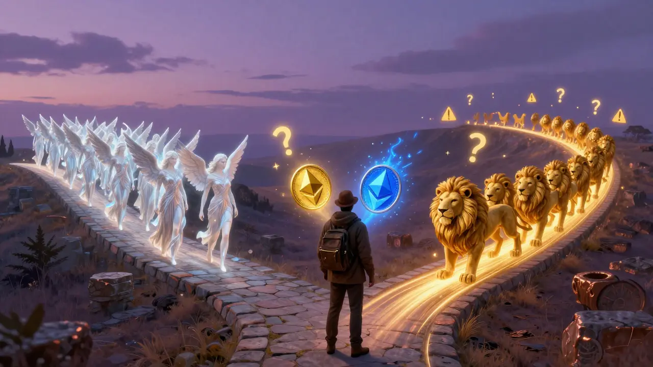 Путник стоит на перепутье между безопасным храмом Ethereum и быстрой дорогой Binance, держа два разных токена в руках.