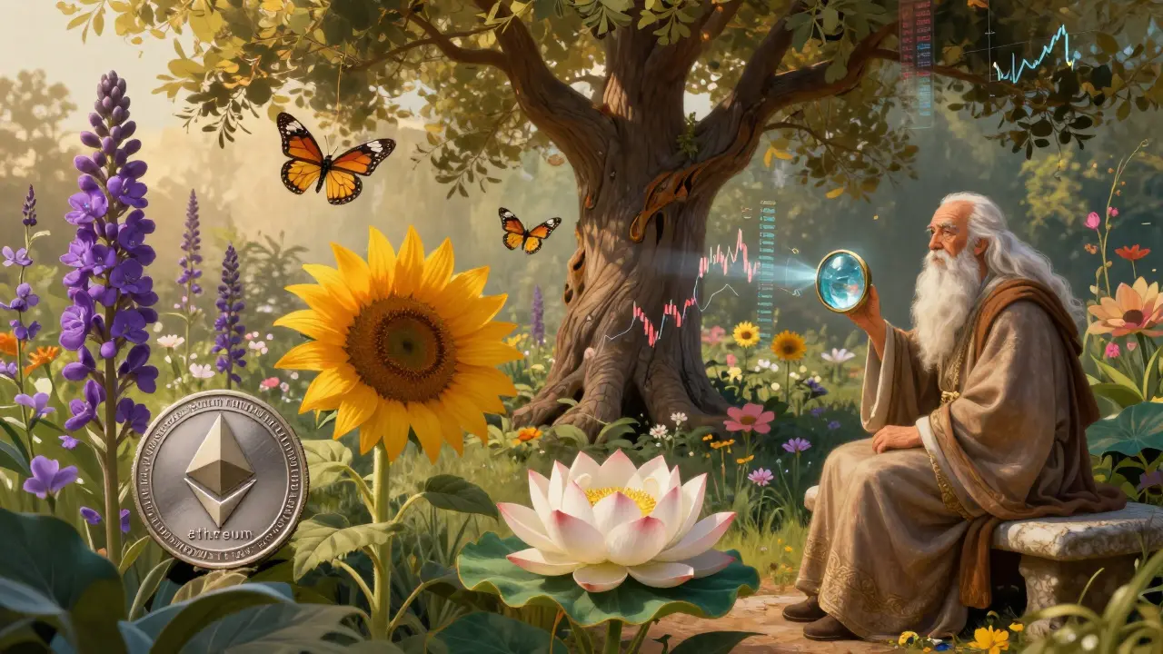 Сад с цветами, символизирующими альткоины, вокруг увядающего дерева биткоина, бабочки-графики, мудрец наблюдает.