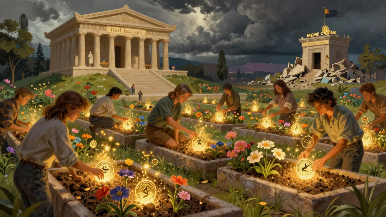 Сад стейкинга с цветами, символизирующими доходность, и храмом 'Реальной выручки' на фоне рушащихся мемкоинов.