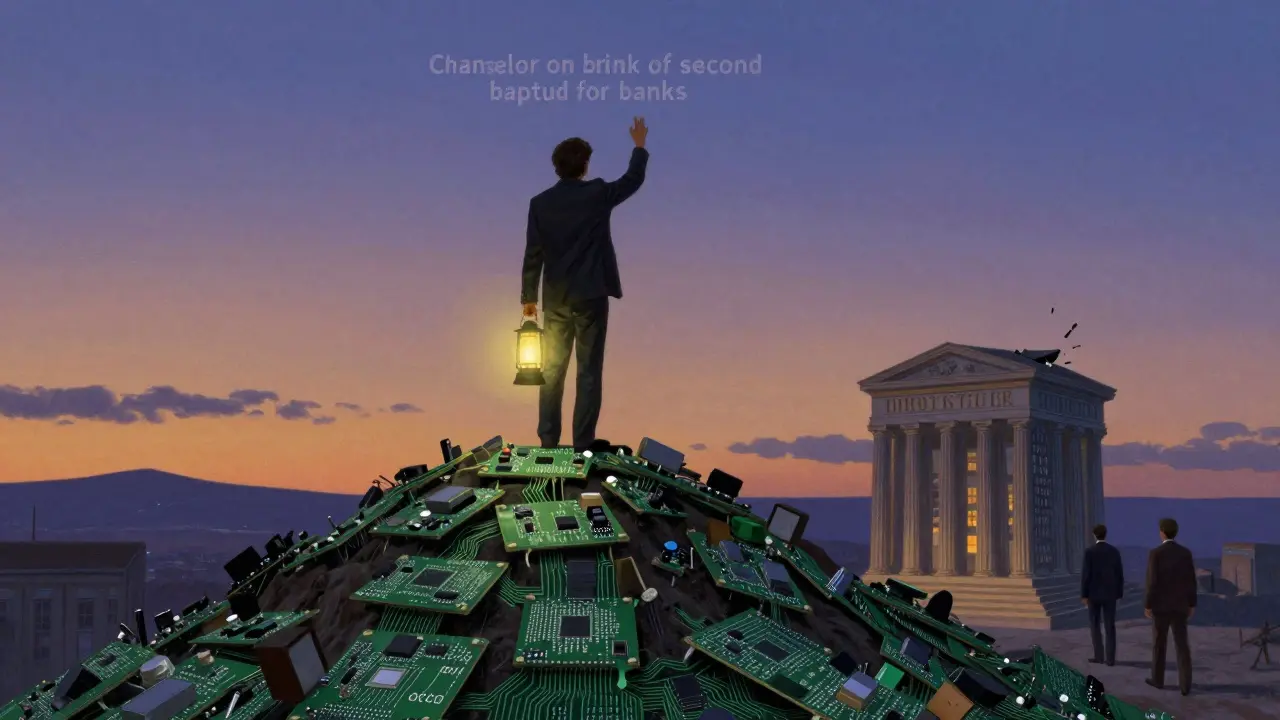 Сатоши Накамото держит генезис-блок, фон — руины банка и фраза о спасении банков.