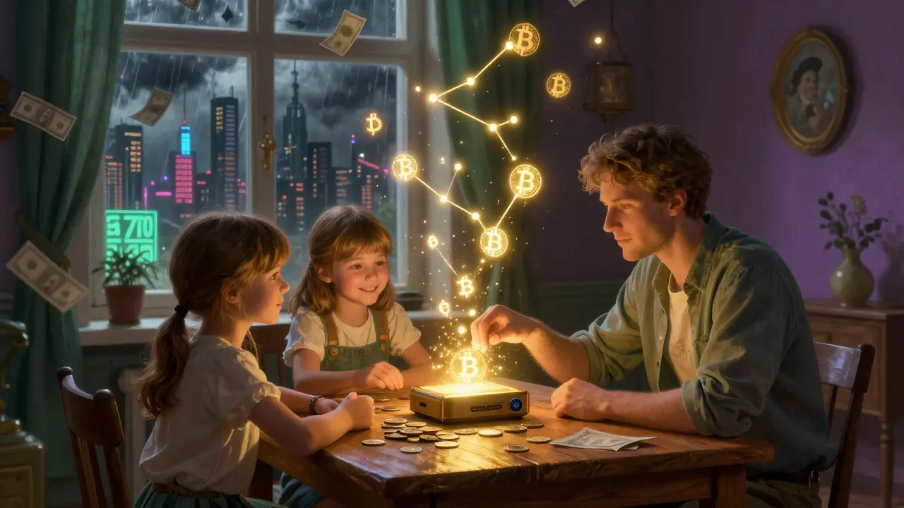 Семья кладет криптовалюту в кошелек, а вокруг летают цифровые монеты.