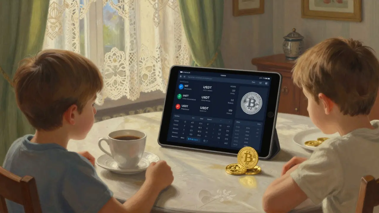 Семья за завтраком смотрит на планшет, где смешиваются рубли, USDT и цифровой палладий.