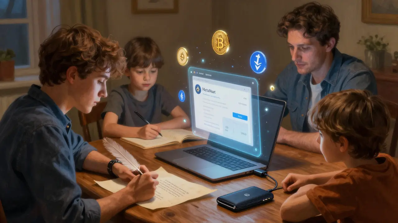 Семья записывает seed-фразу на бумагу, рядом с ними подключен аппаратный кошелек и проецируется интерфейс MetaMask.