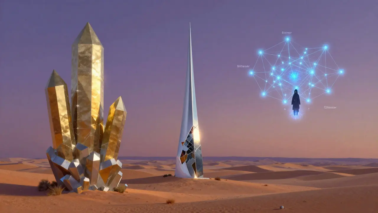 Три блокчейна: Аваланч, Солана и Биттенсор, изображены как кристаллические структуры под закатом с нейронными узлами.