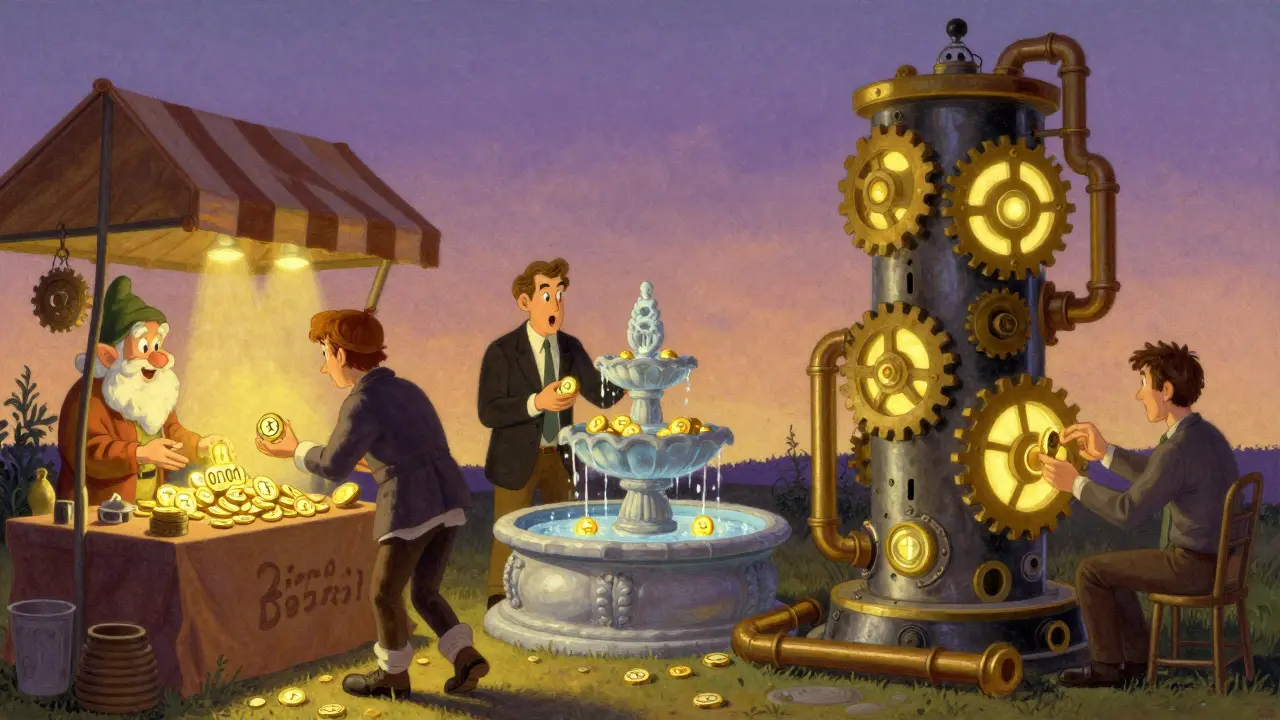 Три пользователя стейкают ETH: новичок, опытный инвестор и техник — в волшебной сцене.