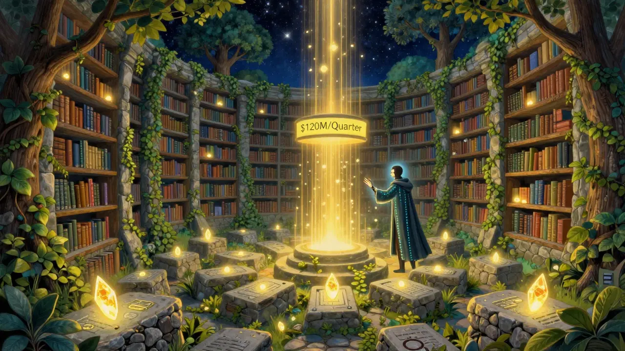 Вечная библиотека Arweave с данными в каменных плитах под небом, где ИИ-агент забирает информацию, озарённая золотым светом.