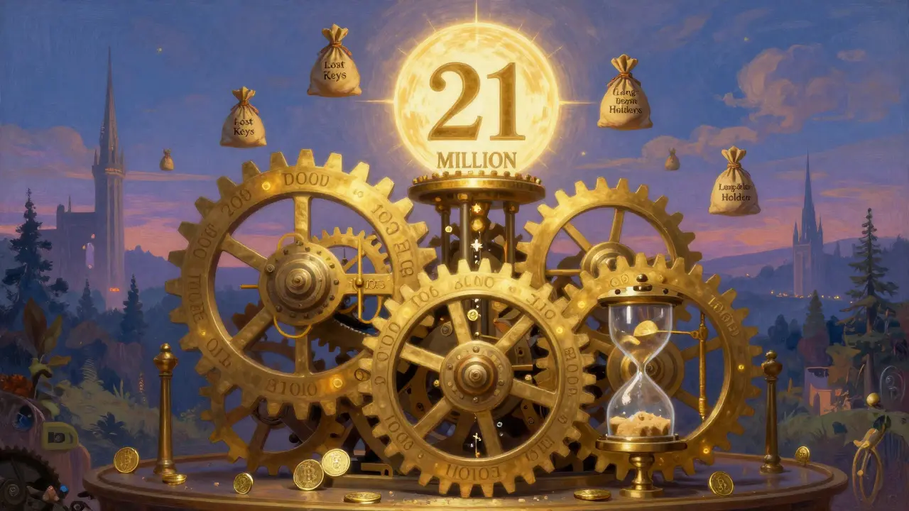 Золотой механизм с шестернями, отсчитывающими халвинги, и песком биткоинов в песочных часах.