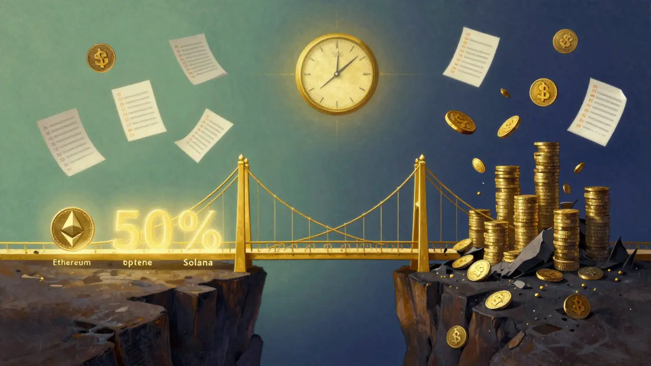 Золотой мост между разумными инвестициями и руинами мем-коинов, над ним — часы 2026 года и чек-листы.